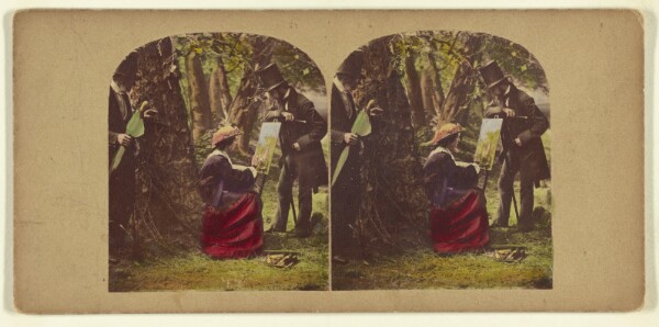 London Stereoscopic and Photographic Company, [Woman seated at easel painting, two men in top hats watching]