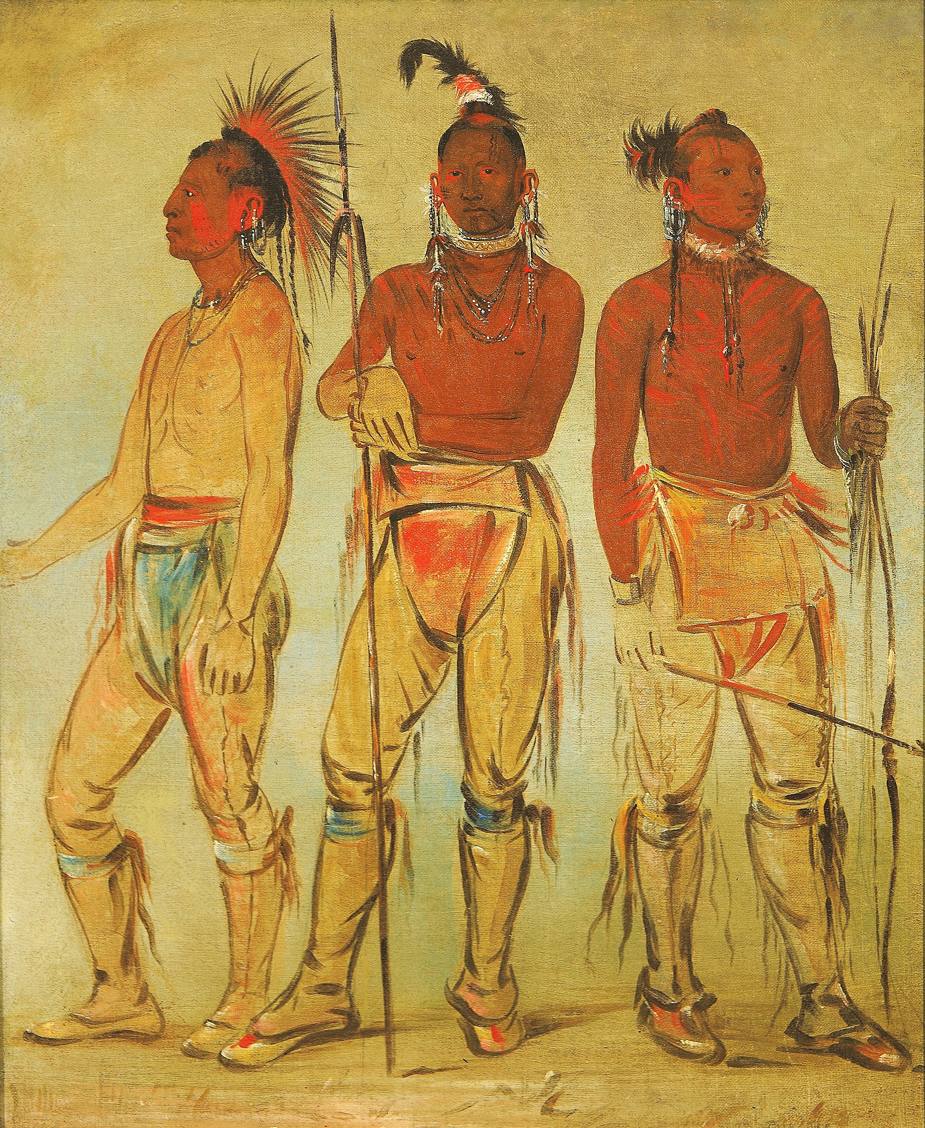 George Catlin, Mun-ne-pús-kee, He Who Is Not Afraid; Ko-ha-túnk-a, Big Crow; and Nah-cóm-ee-shee, Man of the Bed, Three Young Warriors