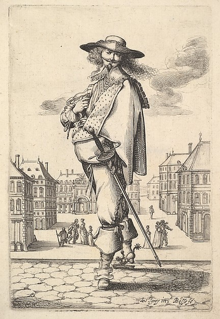 Abraham Bosse, A gentleman, turned three-quarters to the left, wearing a hat and boots with spurs, carrying a sword in his belt, a town square in the background, from "The Garden of the French Nobles In Which One Can Pick Up Their Way of Dressing"