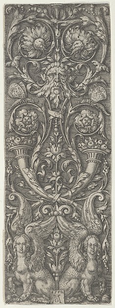 Heinrich Aldegrever, Vertical Panel with Candelabrum Grotesques Containing Cornucopias and Sphinxes