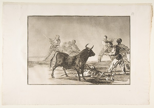 Goya (Francisco de Goya y Lucientes), Plate 12 from "La Tauromaquia": The crowd hamstrings the bull with lances, sickles, banderillas and other arms