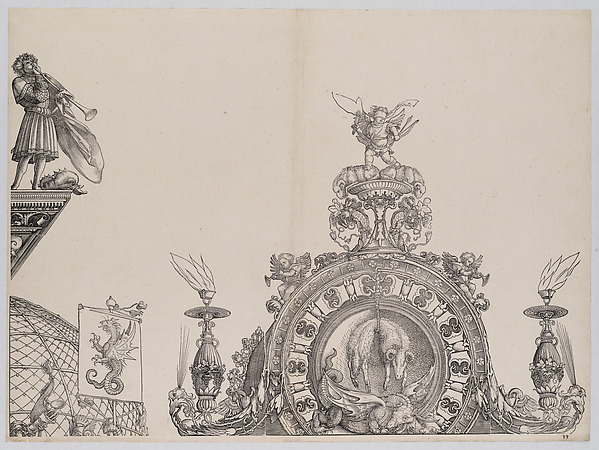 Albrecht Dürer, The Pinnacle of the Right Portal; and a Trumpeter and Standard from the Central Portal, from the Arch of Honor, proof, dated 1515, printed 1517-18