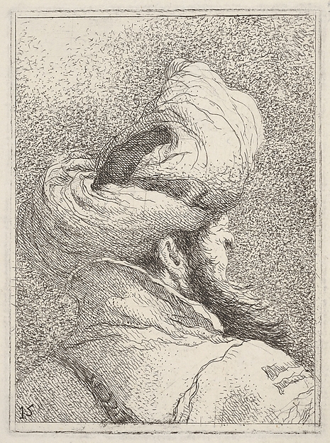 Giovanni Domenico Tiepolo, Bearded man wearing a turban, depicted in bust length from behind in three-quarters view, from "Collection of heads" (Raccolta di teste)