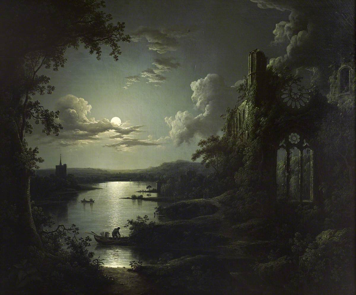 Sebastian Pether, Moonlit Lake with a Ruined Gothic Church, a Church and Boatmen
