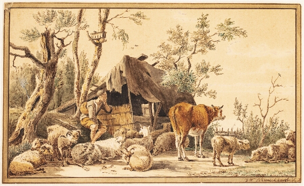 Hendrik Willem Schweickhardt, En fårehyrde med sin hjord ved et skur