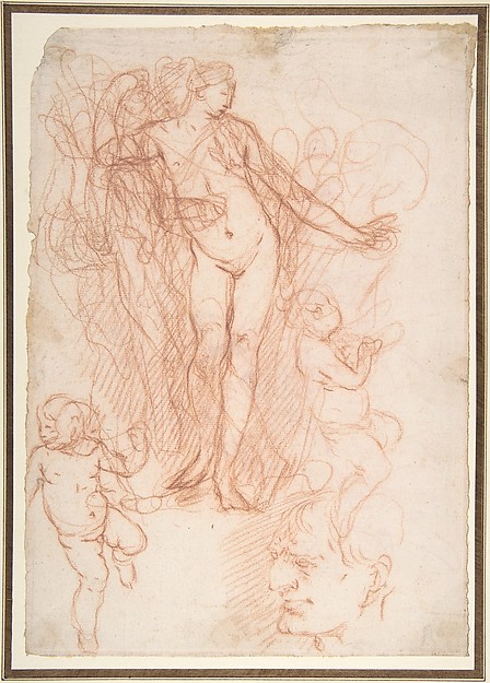 Giulio Carpioni, (R.)Figure Studies: Standing Nude Figure, Putti, and a Man's Head (V.) Figure Studies: A Flying and a Standing Man