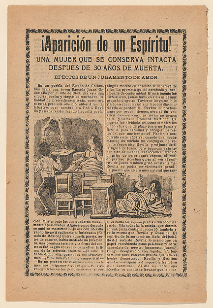 José Guadalupe Posada, Broadside relating to a news story about an apparition of a spirit, women sitting up in bed looking at a ghost