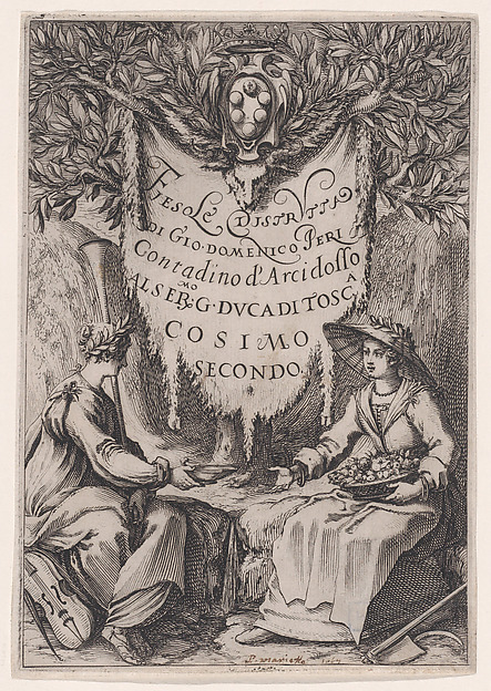 Jacques Callot, Frontispiece of Fiesole Distrutta, also called La Belle Jardinière, or Poésie et L'Agriculture, or Catakasta