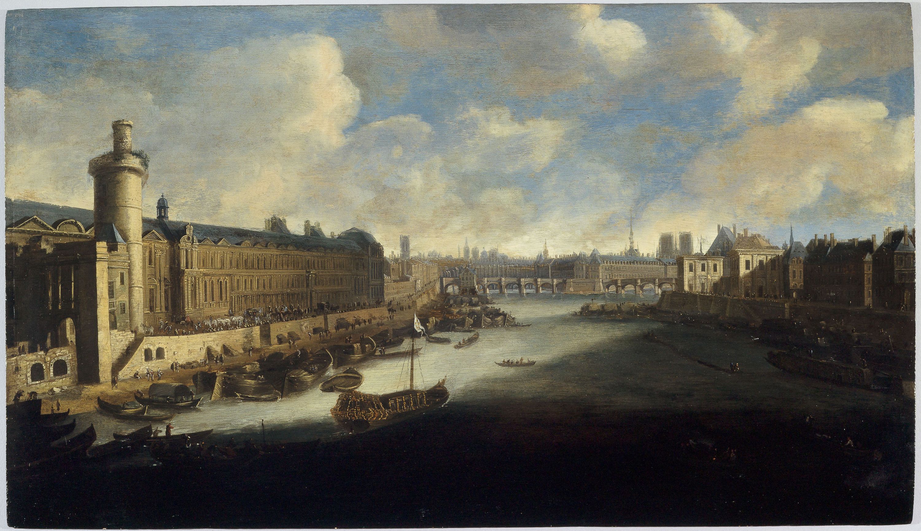 Anonyme, La Grande Galerie du Louvre, avec la porte Neuve, le Pont-Neuf, la Cité, le collège des Quatres-Nations en construction et le quai Malaquais, vers 1665. Sur la Seine, la galère royale.