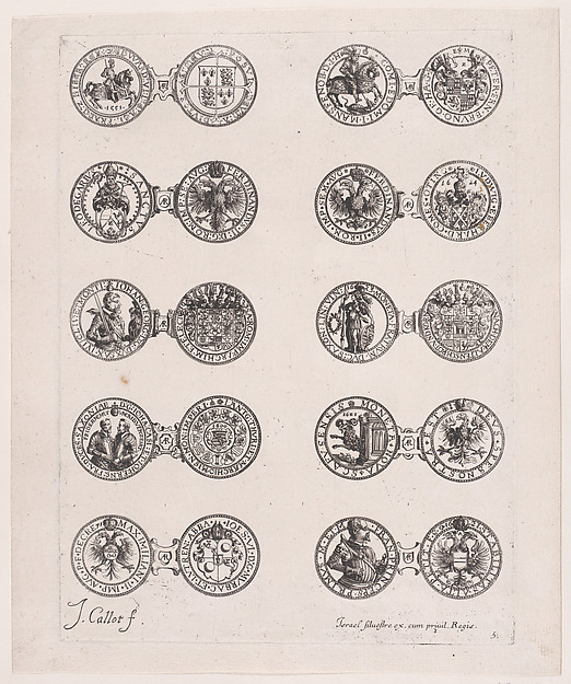 Jacques Callot, Plate 5, Featuring 10 Coins Issued by European Princes in the 16th and 17th centuries, from "Les Monnaies" (The Currencies)