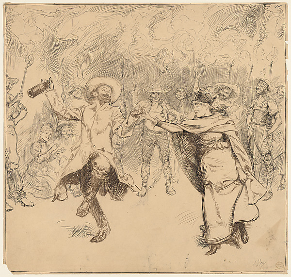 Edwin Austin Abbey, The jovial monarch caught Mrs. Russell's hand in his, and proceeded to dance, illustration to "A Castle in Spain: A Novel"