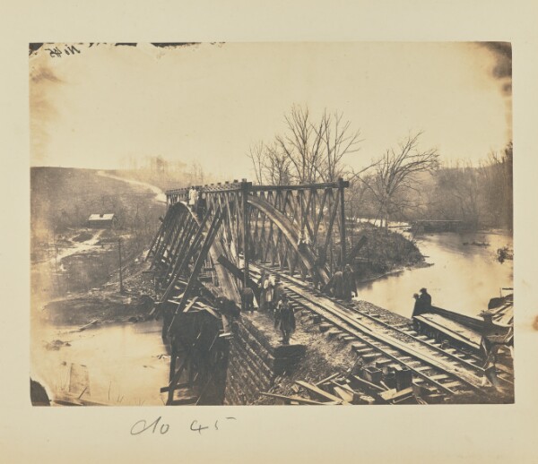 A. J. Russell, Part of Construction Corps building new Military Truss Bridge across Bull Run, April 1863