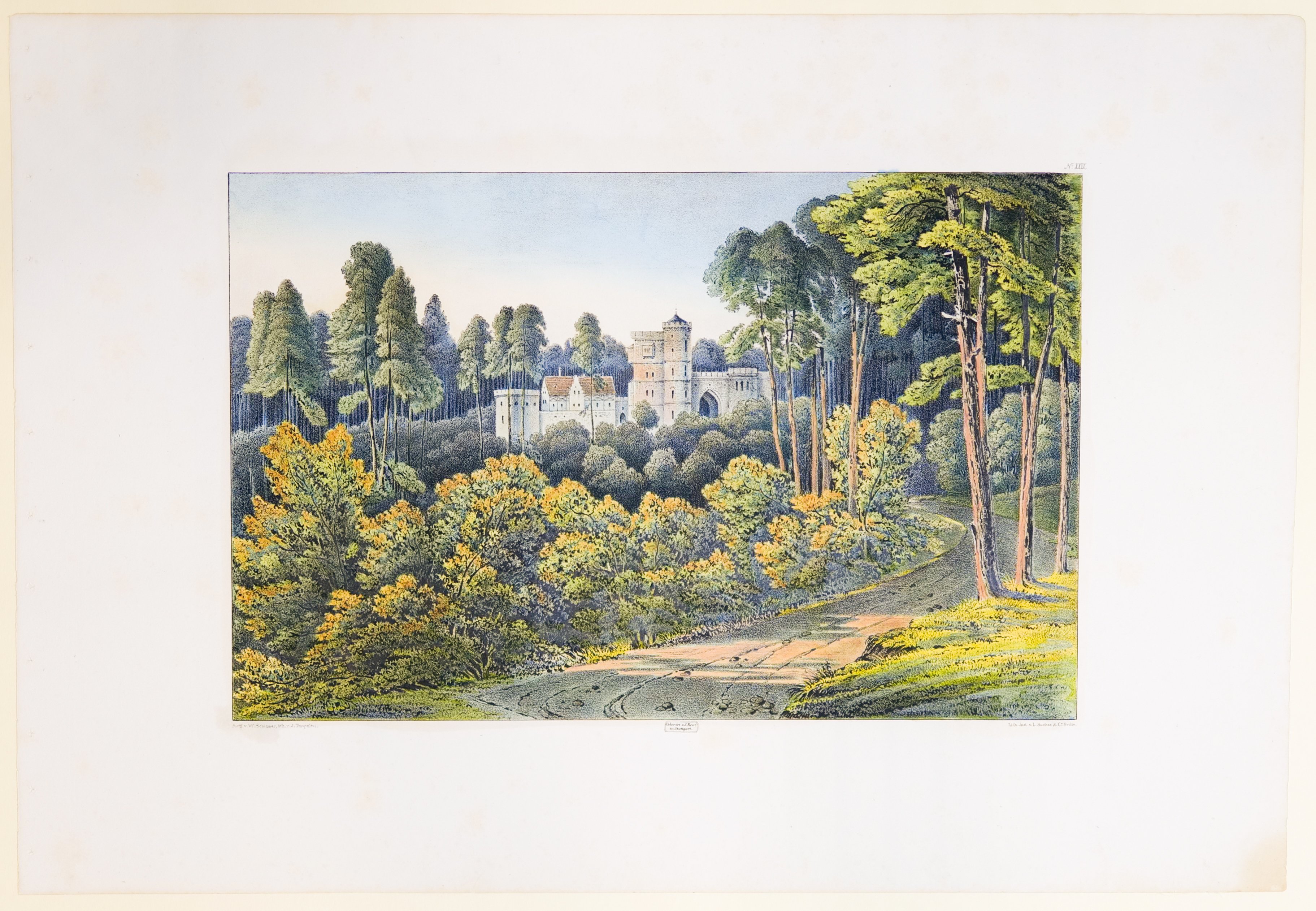Friedrich Julius Tempeltey, Die projektierte Burg nach dem Entwurf Schinkels, Tafel XXVIX der "Andeutungen über Landschaftsgärtnerei"