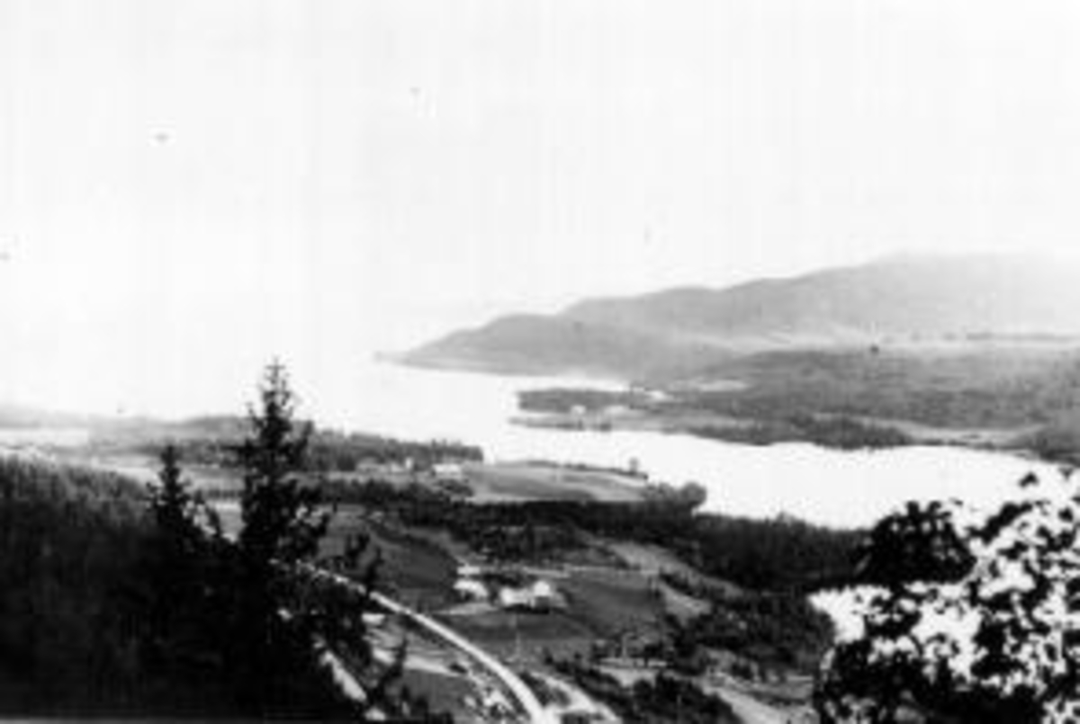 Anno Domkirkeodden, Utsikt fra Aslaberget i Veldre mot Strandbakken og Harpeviken. På andre siden av fjorden er Framnes, Storsanden og Brubakken.