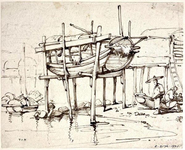 George Chinnery, A Tanka boat raised up on piles at the water's edge