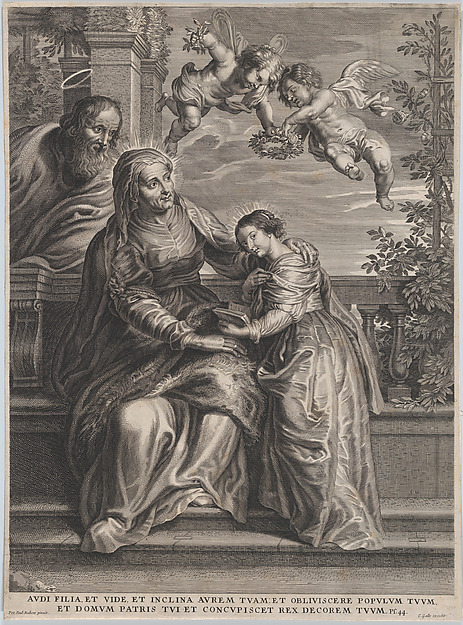 Anonymous, The education of the Virgin, with Saint Anne and the Virgin Mary reading with two putti overhead and Saint Joachim behind them at left