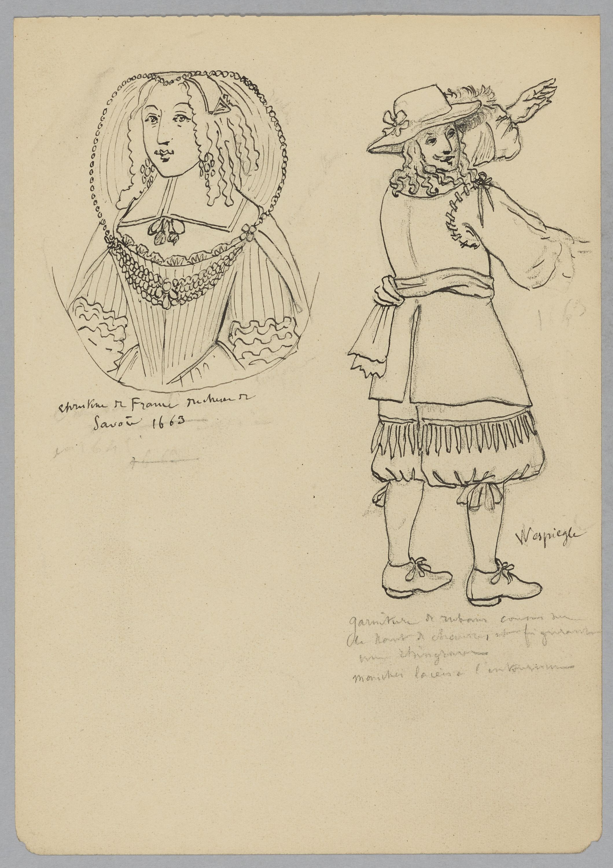 Maurice Leloir, Portrait de Christine de France, duchesse de Savoie, 1663 et costume d'homme Wiespiegle vers 1670, Fonds d’archives graphiques de Maurice Leloir