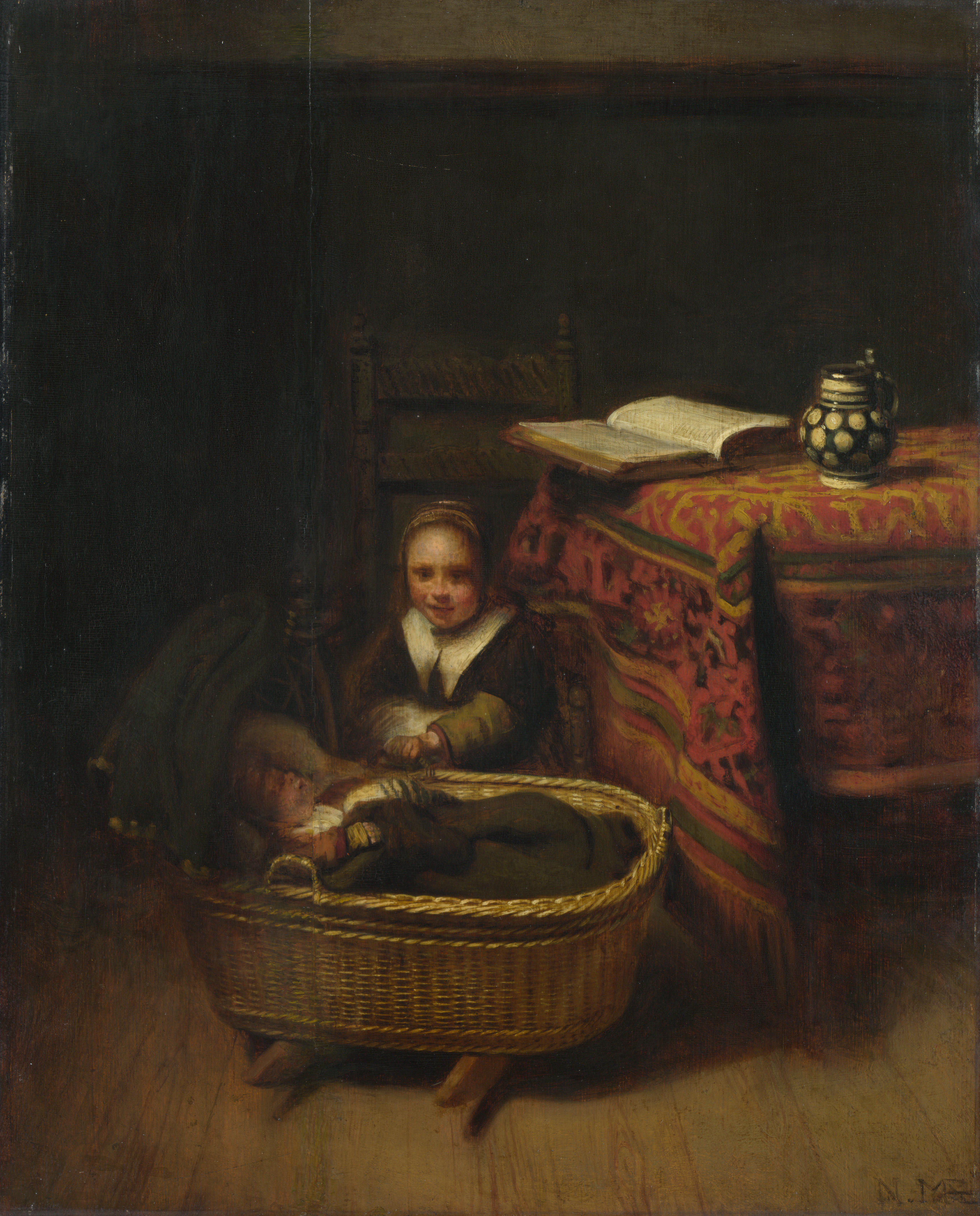 Nicolaes Maes, Young Girl at a Cradle