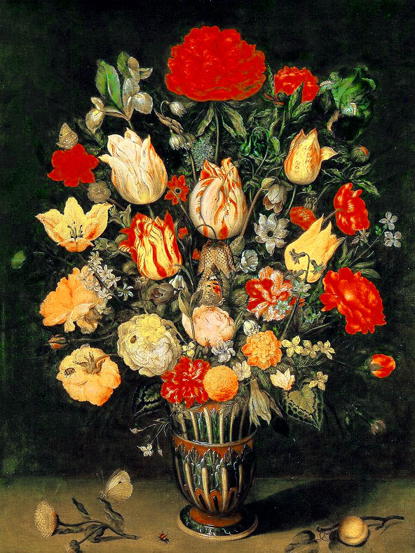 Ambrosius Bosschaert, Bloemen in een steengoed vaas, goudsbloem, abrikoos en insecten
