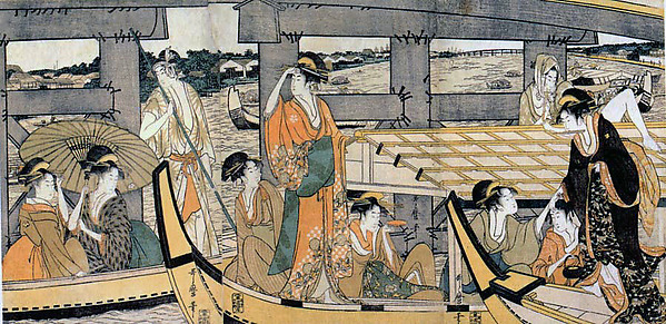 Kitagawa Utamaro, Enjoying the Cool Evening Breeze on and under the Bridge
