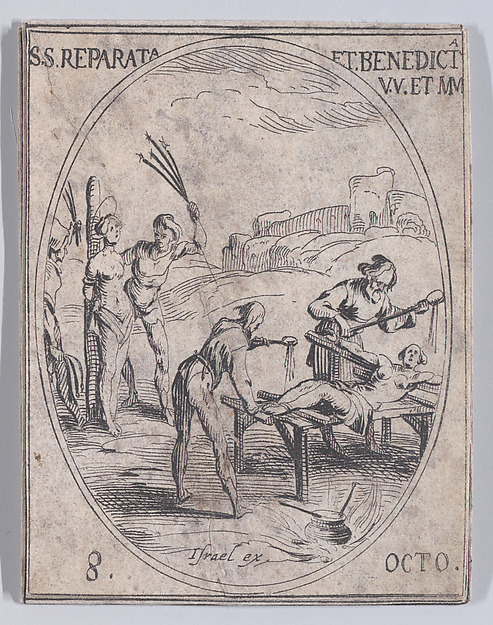 Jacques Callot, Ste. Reparate et Ste. Benoite, vierges et martyres (St. Reparata and St. Benedicta, Virgins and Martyrs), October 8th, from "Les Images De Tous Les Saincts et Saintes de L'Année" (Images of All of the Saints and Religious Events of the Year)