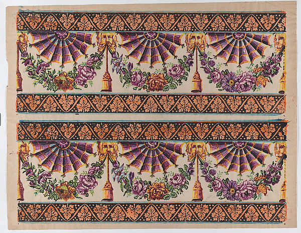Anonymous, Sheet with two borders with three fans and floral garlands