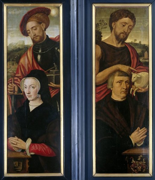 Pieter Pourbus, Two Wings of a Triptych with Portraits of Donors with Saints Adrian and John the Baptist