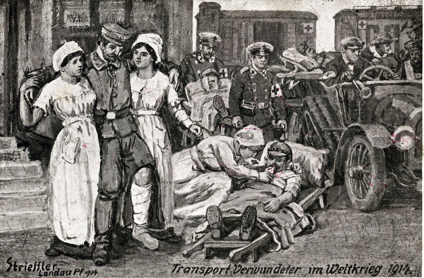 Heinrich Strieffler, Bildpostkarte "Transport Verwundeter im Weltkrieg"