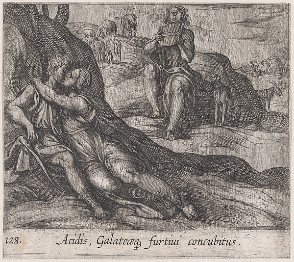 Antonio Tempesta, Plate 128: Galatea and Acis Embracing, while Polyphemus Sings for Galatea (Acidis, Galateaeq, furtivi concubitus), from Ovid's 'Metamorphoses'