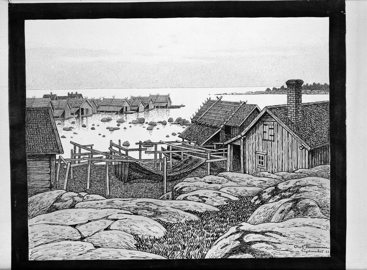 Paul Sandberg, Konstverk - teckning med motiv från Fågelsundet, Hållnäs socken, Uppland, signerad 1926 av konstnären Olof Thunman