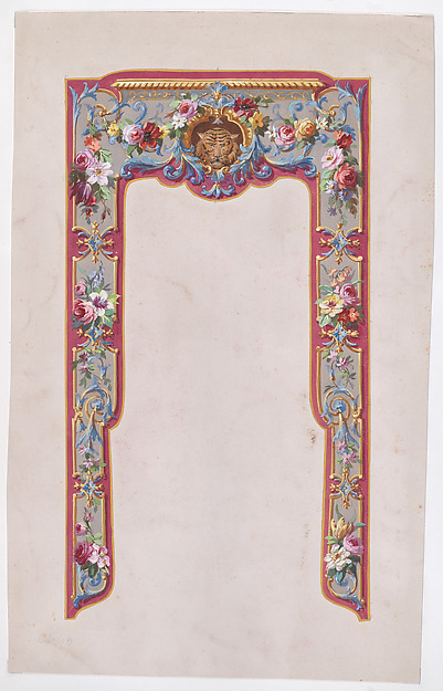 Anonymous, French, 19th century, Design for a Valance in the Style of Louis XVI with Bundles and Garlands of Flowers and an Ornamental Frame with a Tiger Face
