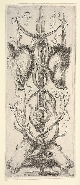 Stefano della Bella, A hunting trophy, two wild boar heads above, two deer heads below, from "Ornaments or Grotesques" (Ornamenti o Grottesche)