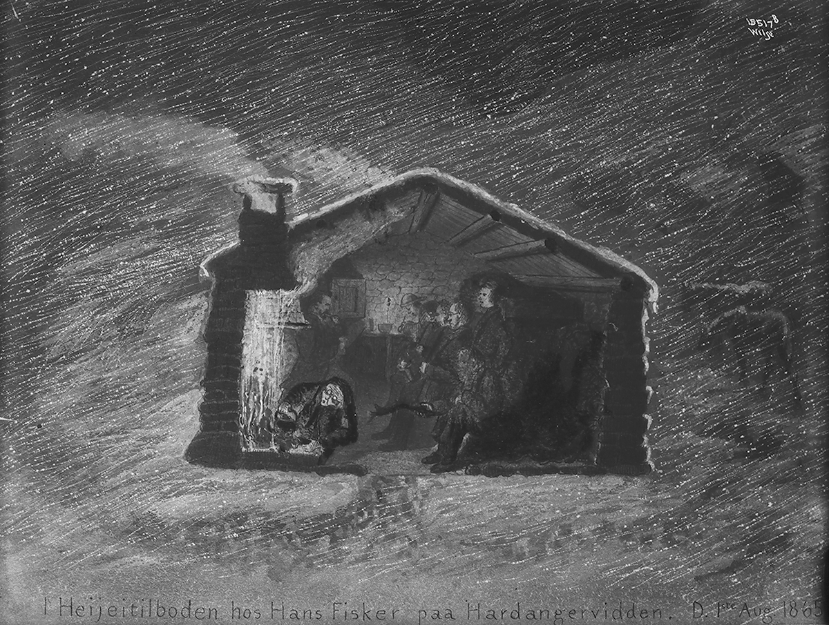 Anders Beer Wilse, Prot: Turistforeningen Copi tegninger Tekst på tegning: I Heijeitilboden hos Hans Fisker paa Hardangervidden. D.1ste Aug. 1865