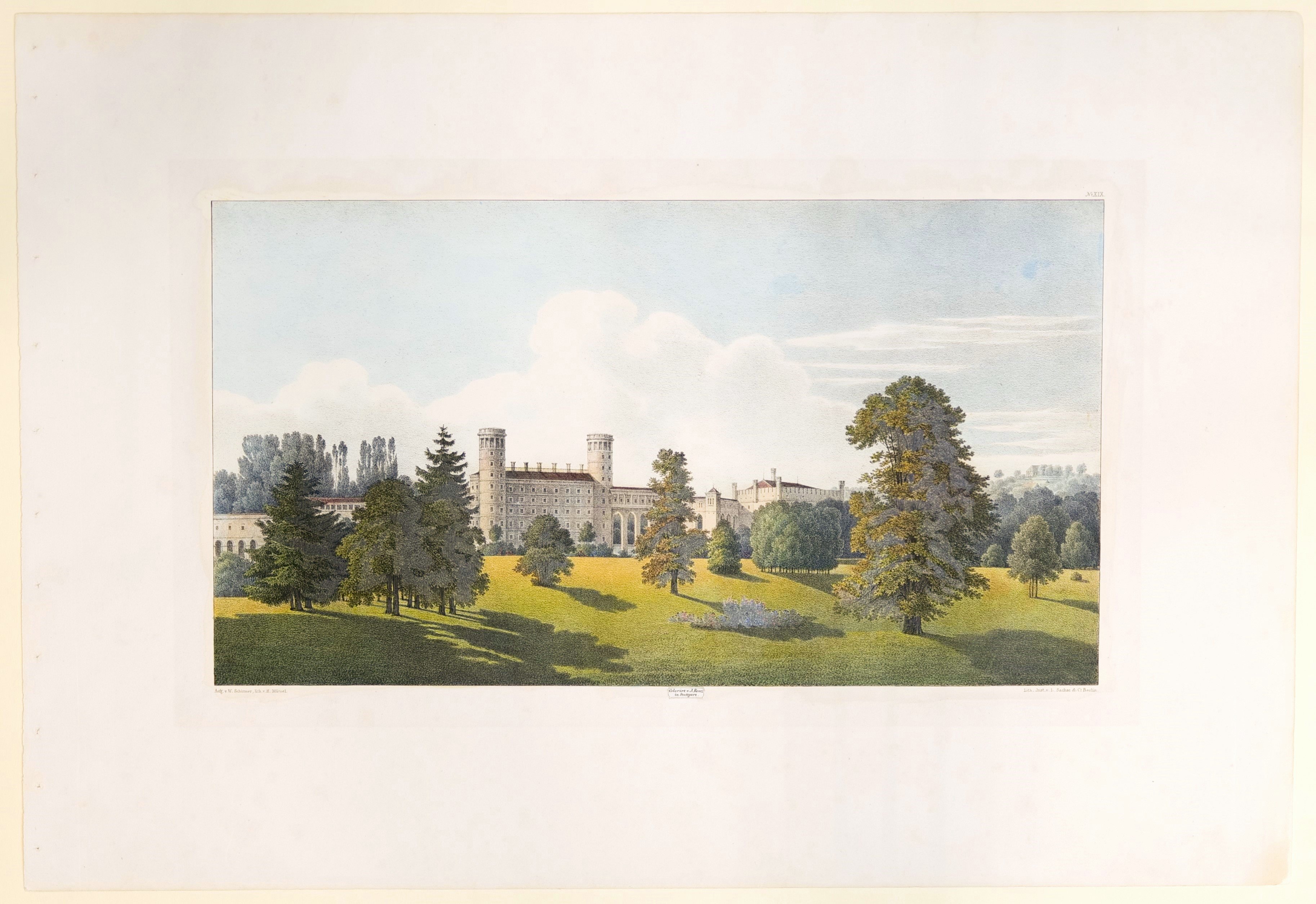 Heinrich Mützel, Blick aus der Gloriette auf Schloss, Stadt und, in weiter Entfernung, Dorf Lucknitz, Tafel XIX der "Andeutungen über Landschaftsgärtnerei"