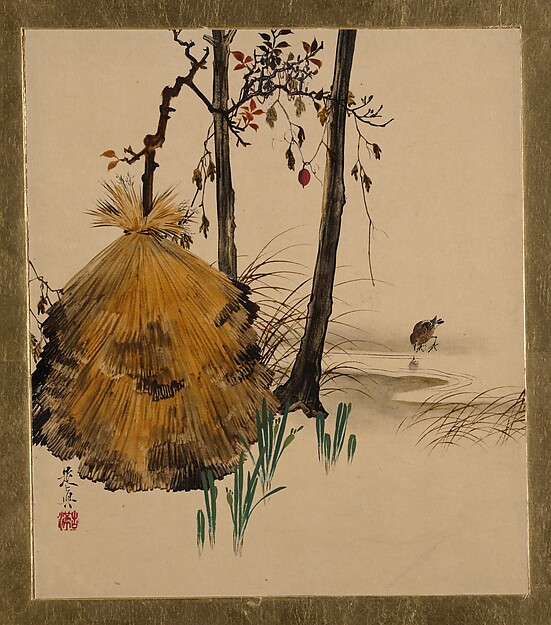 Shibata Zeshin, Lacquer Paintings of Various Subjects: Snow Shelter for a Tree with Sparrow