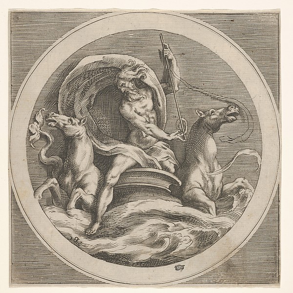 Anonymous, Neptune rising from the sea and bearing a staff, accompanied by two horse-headed sea creatures, reverse copy after a series of engravings by Cherubino Alberti of mythological scenes after Polidoro da Caravaggio