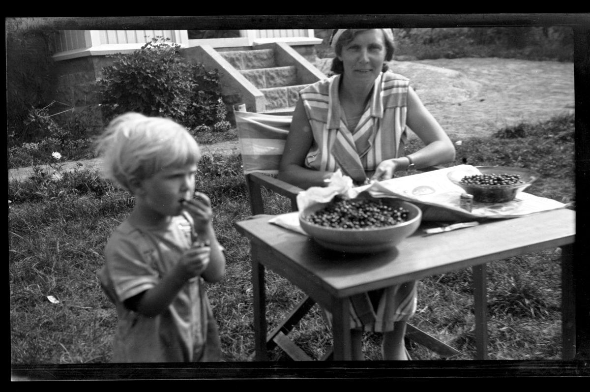Rolf Sr. Sundt, Hilda Sundt og sønnen Lars Peter renser bær, antagelig solbær, ute i hage på i Vestfold. Fotografert 1932.