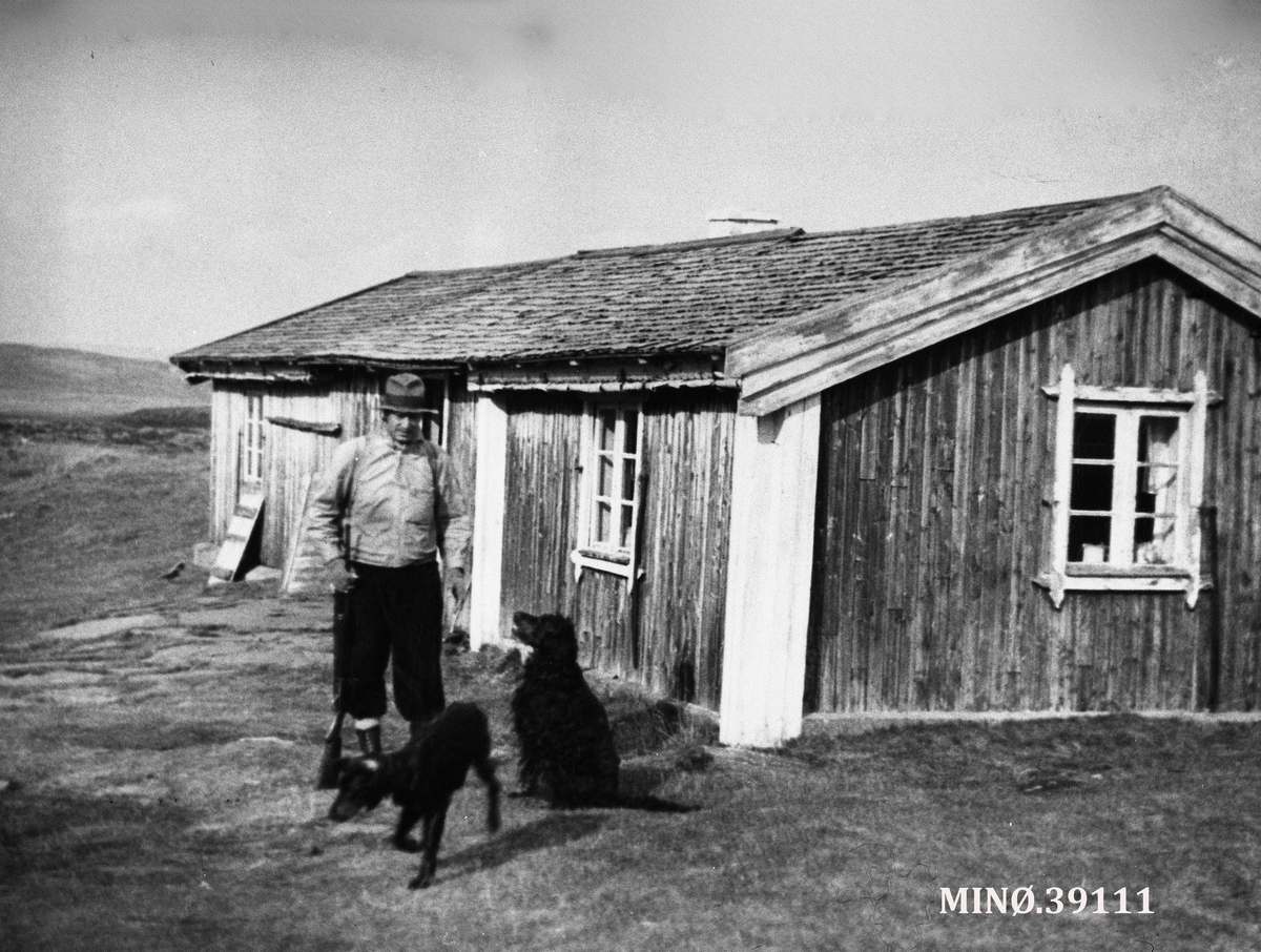 Ukjent, Mann foran seterstue. Reidar Nordby (?) med hundene sine.