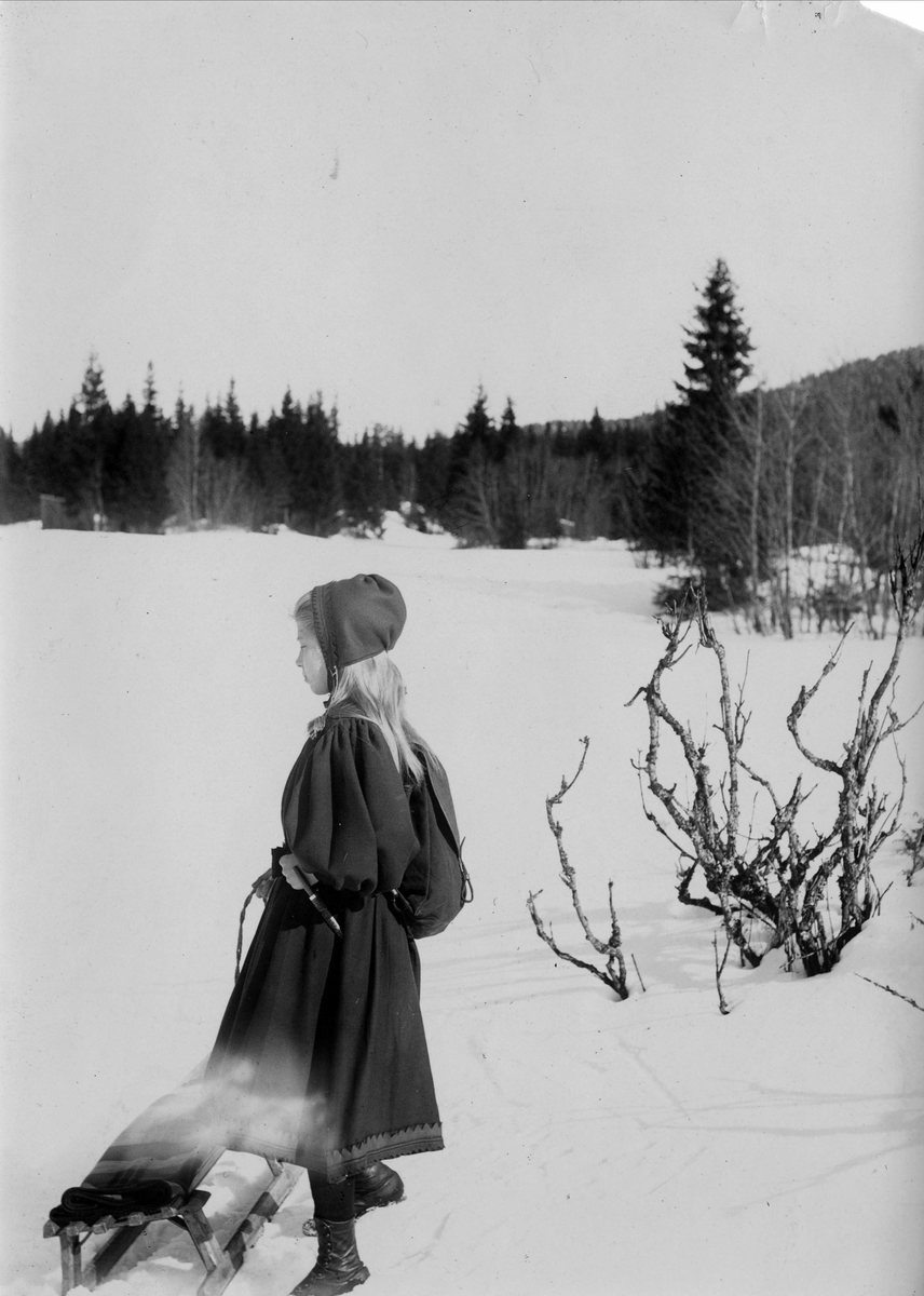 Robert Collett, Pike med kjelke i vinterlandskap, ukjent sted. Serie tatt av Robert Collett (1842-1913), amatørfotograf og professor i zoologi.