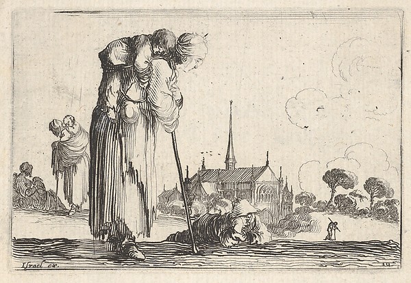 Stefano della Bella, Plate 10: A peasant woman turned towards the right with a child on her back, a boy lying on the ground behind her in center, two women and a child to left in middleground, a church to right in background, from "Caprice faict par de la Bella"