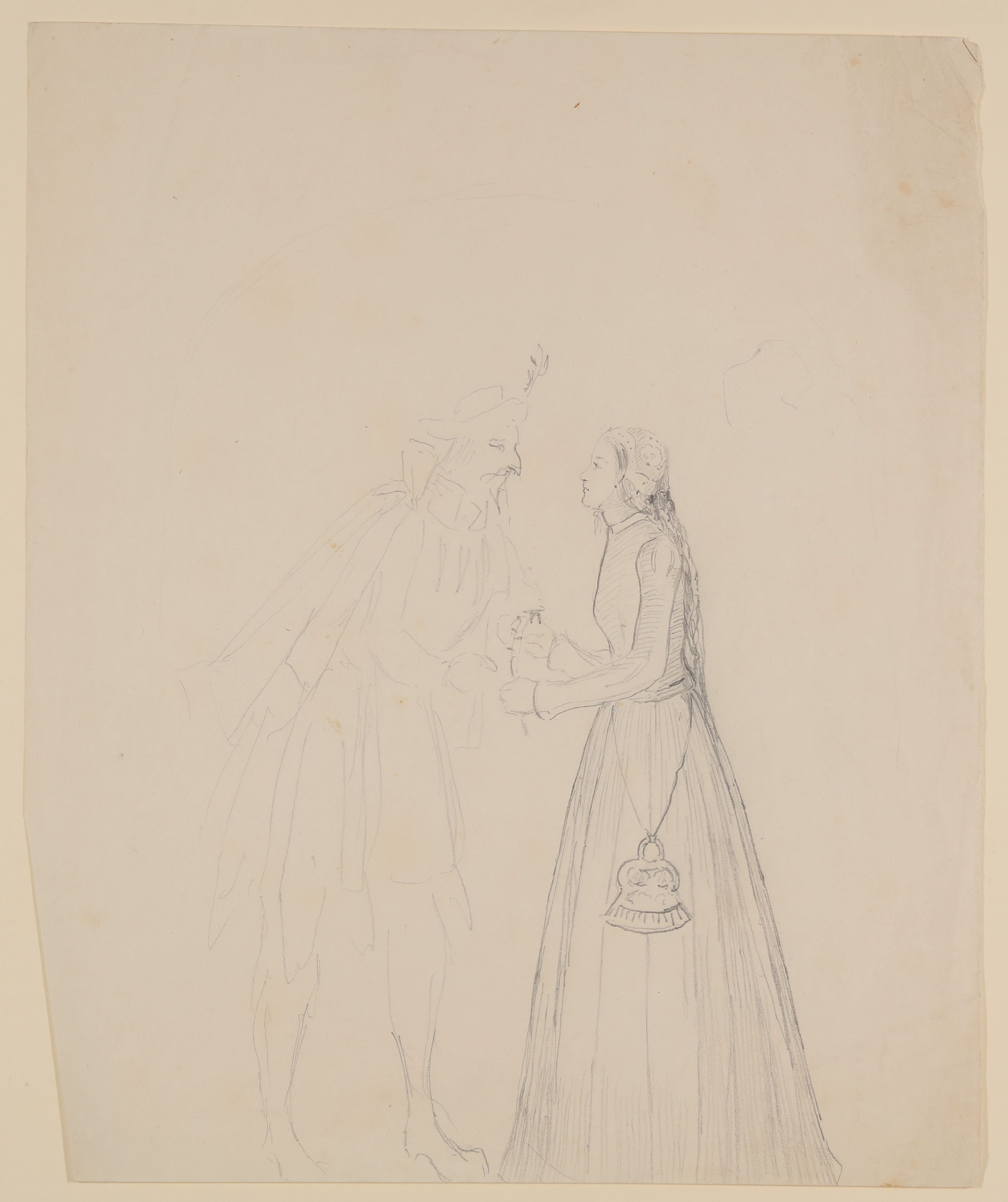 Gisela von Arnim, Frau und Mann in altertümlicher Tracht (Faust und Gretchen?) [aus einer Mappe mit Skizzenblättern von Gisela von Arnim und Herman Grimm]
