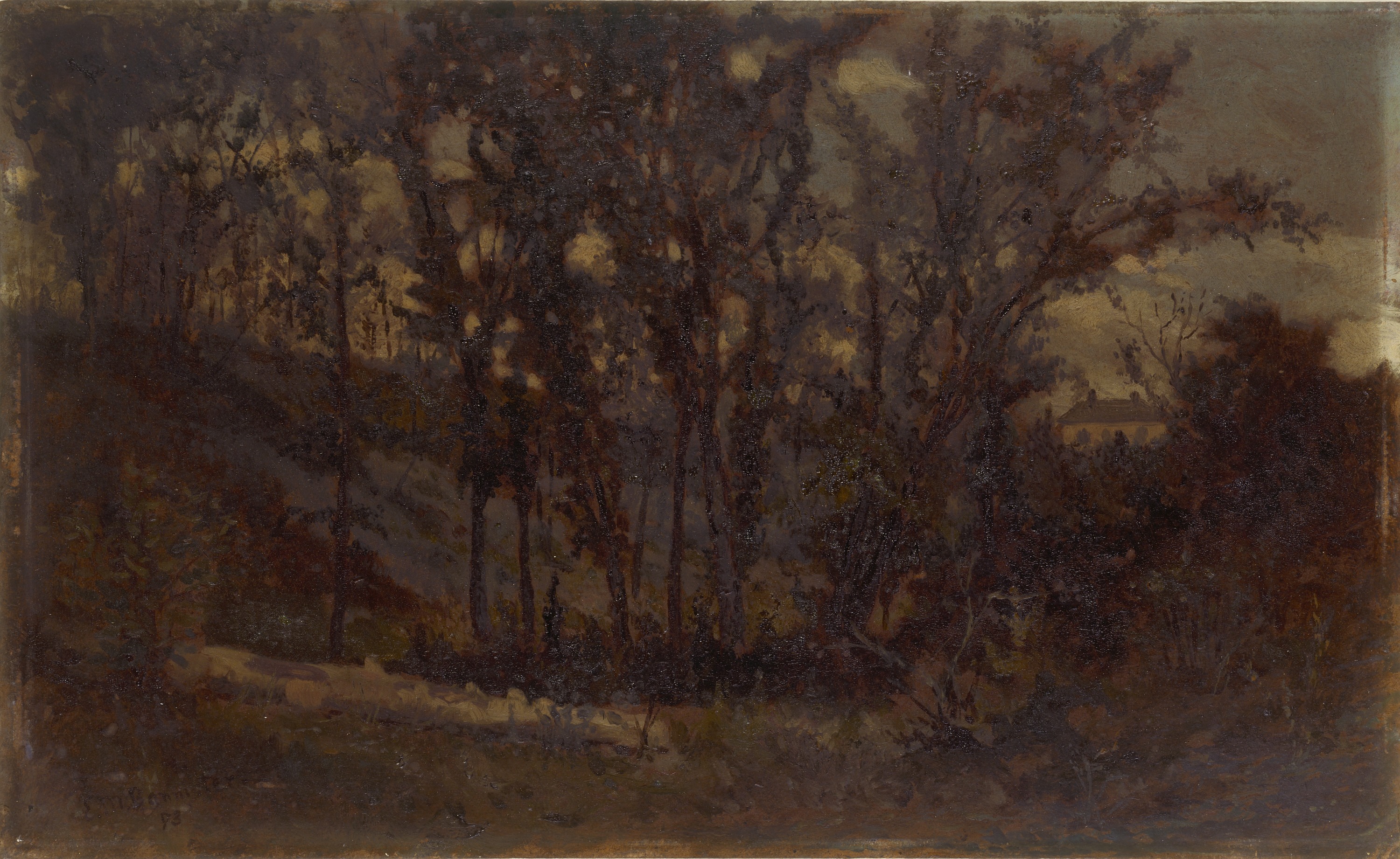 Edward Mitchell Bannister, Untitled (forest scene, fallen tree in foreground and house in background)