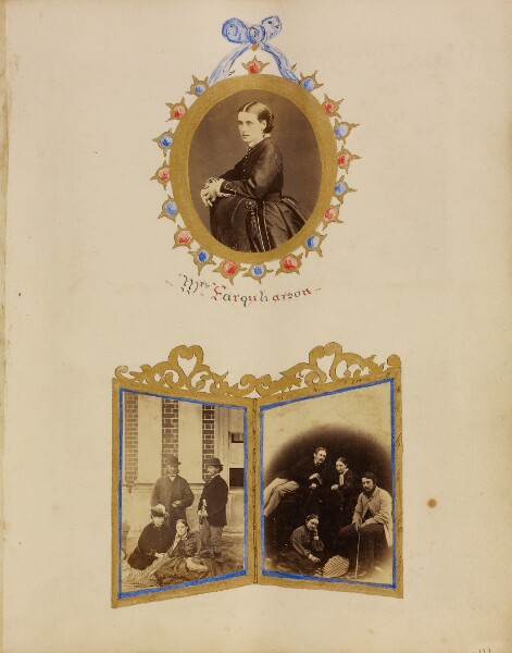 Unknown, [Photo collage including portrait of Mrs. Elizabeth Farquharson and two group portraits]