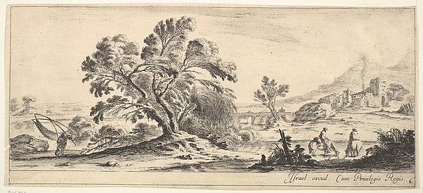Stefano della Bella, Plate 6: a fisherman carrying a net to left, two horsemen in a stream to right, a tree in center, castle ruins to right in the background, from "Various Landscapes" (Divers Paysages)