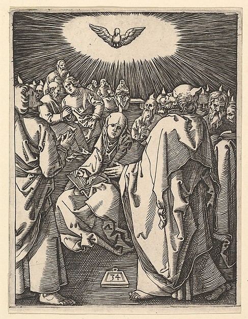 Marcantonio Raimondi, The Pentecost; the Holy Dove appears above, below sits the Virgin surrounded by  Apostles, from "The Passion of Christ"