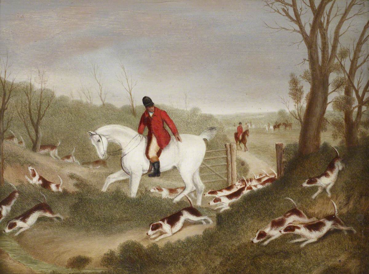 Richard Barrett Davis, Hunting Scene of Huntsman encouraging Hounds through a Gate
