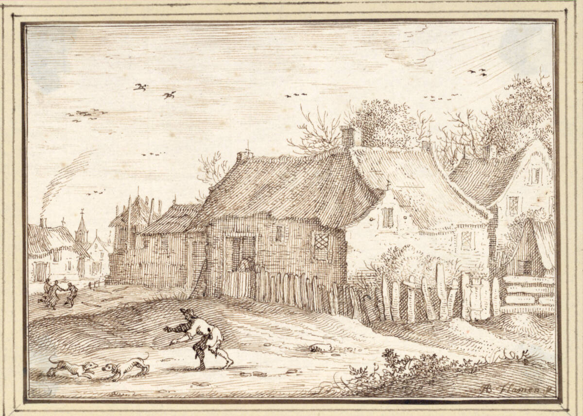 AlbertFlamen, Dorfrand mit Bettler und zwei raufenden Hunden (III-43)