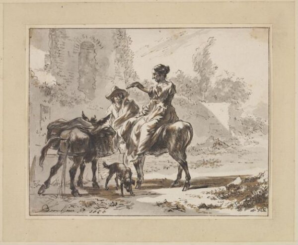 Nicolaes (Pietersz.) Berchem, A mounted Shepherdess, Standing Shepherd, Urinating Donkey and a Dog Resting Near a Trough in an Italianate Landscape with Ruins