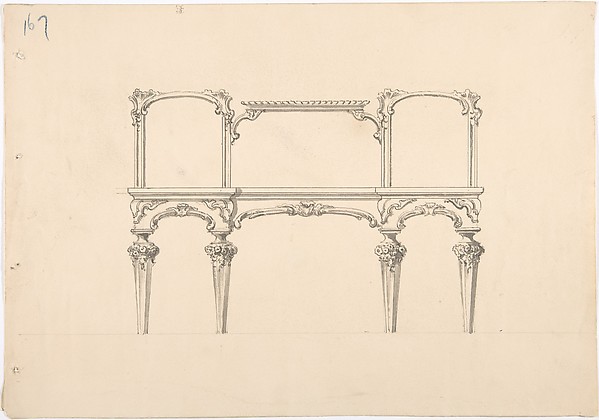 Anonymous, British, 19th century, Design for a Mirrored Sideboard with Diminishing Legs, Floral and Rocaille Ornament
