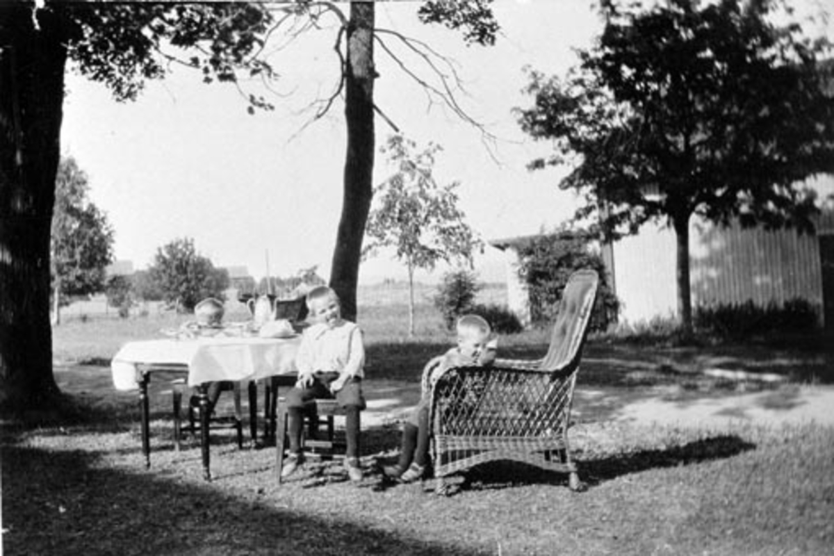 Anno Domkirkeodden, Barn ved kaffebord ute på Rør store, Ringsaker. Alf Ensby, Thore Ensby, Thore Røhr.